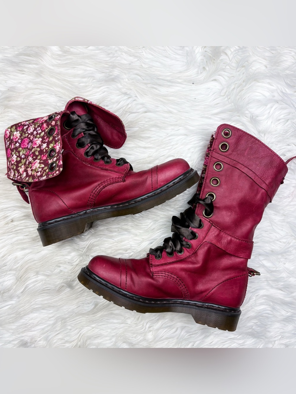 Dr. Martens Triumph 1914 Fold Over Combat Boots Red Leather Pink Floral Lace Up